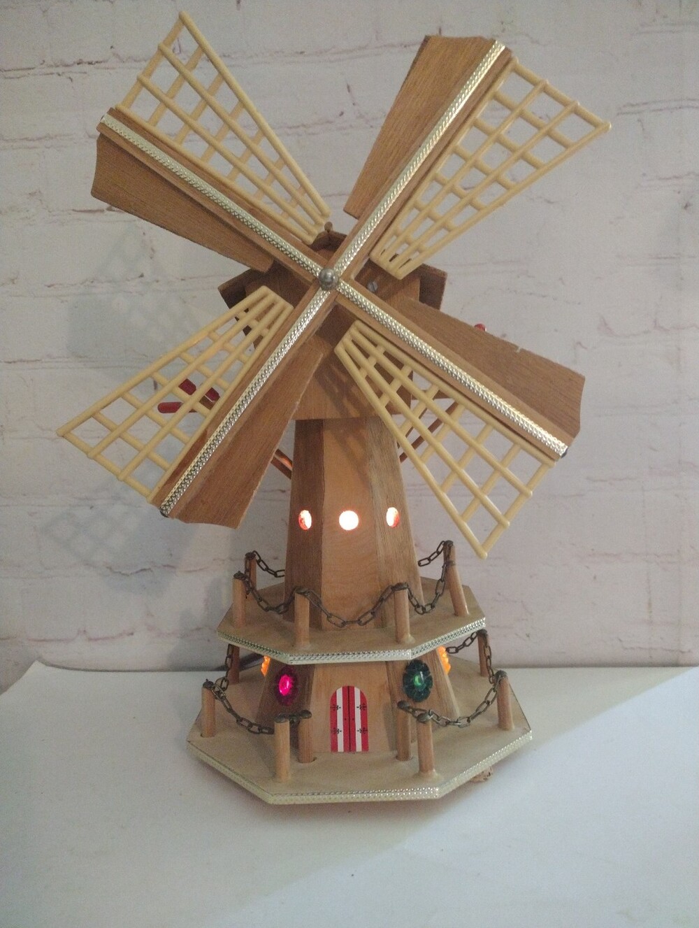 Vintage Hand Made Wooden Musical Dutch Windmill Electric Lamp Night Light